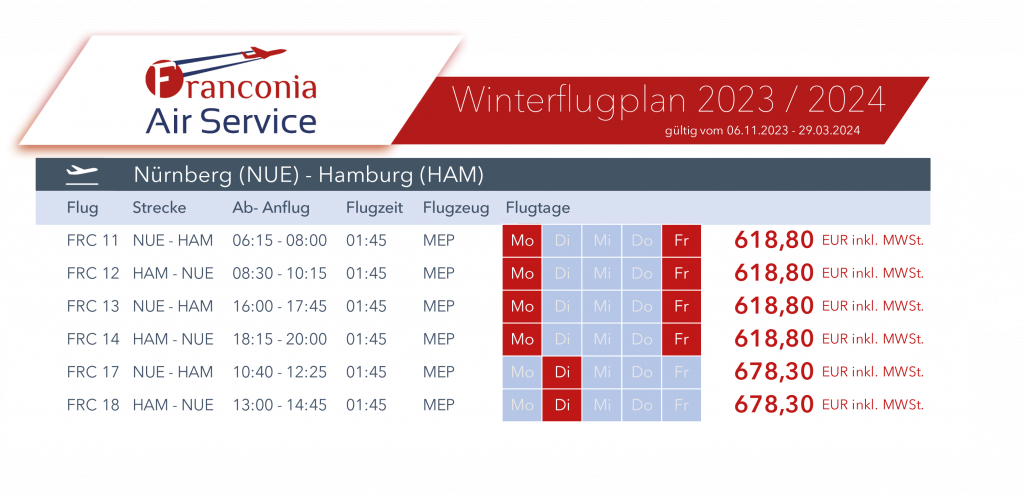 Flugplan Nürnberg-Hamburg 2023/24